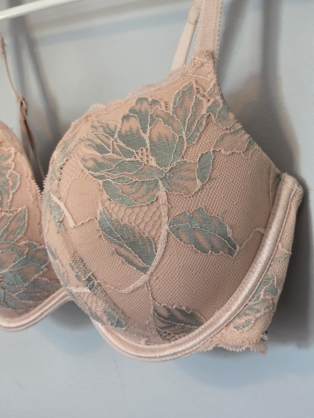 ​La Vie en Rose Pink+ Blue Pastel Lace Floral Push Up 2 in 1 Bra Sz 34B Coquette